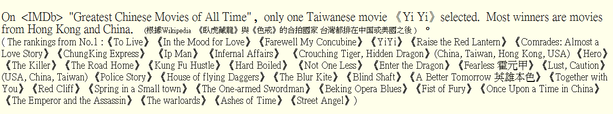 On  <IMDb>&nbsp; "Greatest Chinese Movies of All Time" , &nbsp;only one Taiwanese movie �mYi Yi�nselected.  Most winners are movies from Hong Kong and China.  